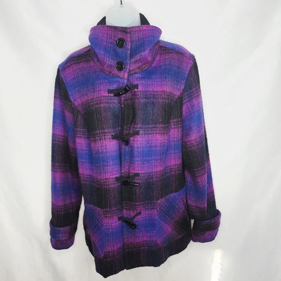 Coldwater Creek Purple & Black Plaid Toggle Button Wool Blend  Jacket Size 14 - Picture 2 of 16